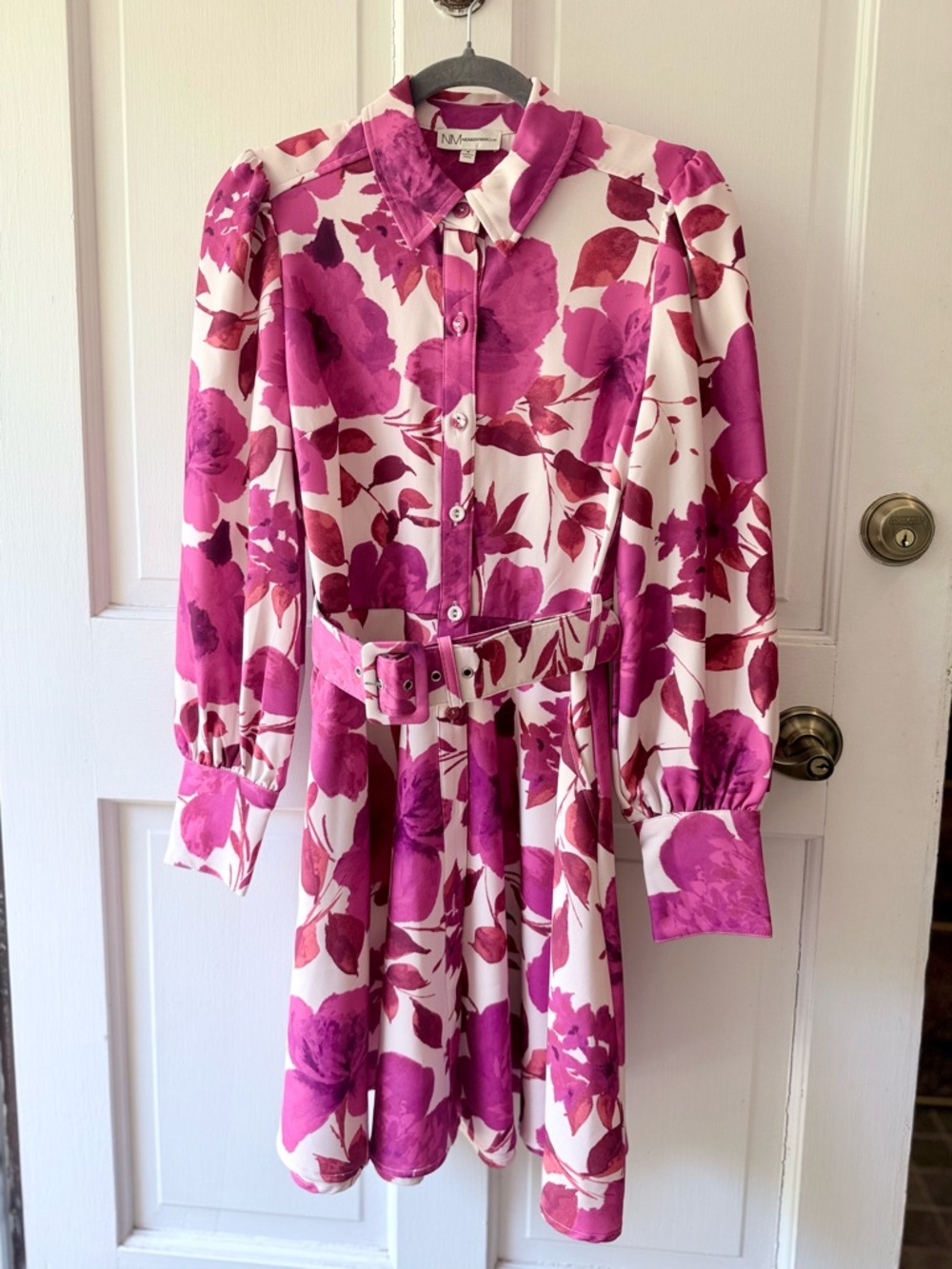 Neiman Marcus Pink Floral Belted Shirt Dress